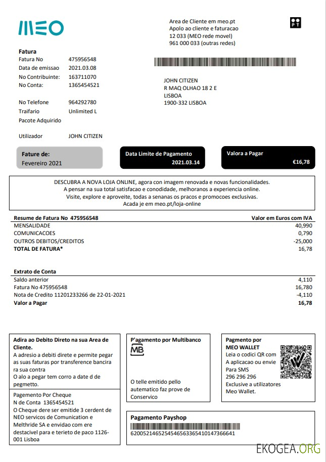 Portugal MEO utility bill template in Word and PDF format, fully editable